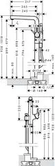 Bodenstehender Einhebel-Wannenmischer in Chrom-Optik, mit verschiedenen Maßangaben, Konstruktionsdetails und Anschlussinformationen. Produkt von Hansgrohe.